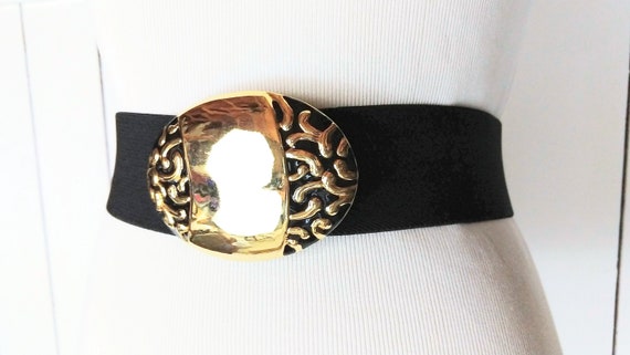 Vintage wide black stretch canvas gold buckle bel… - image 3