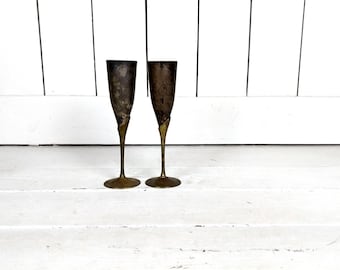 Vintage silver plated metal distressed goblet chalice cup/tarnished silver wine glasses/toasting glass/set of 2