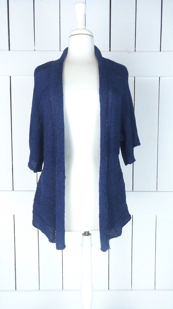 90s blue crochet knit slouchy cardigan sweater/kn… - image 3