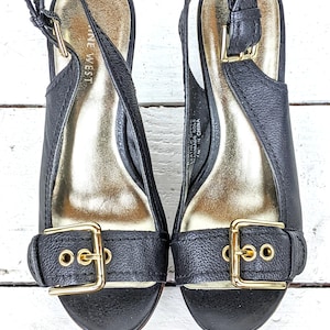 Nine West black leather open toe buckle high heel wedge platform slingback sandals