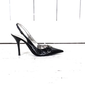 Guess black leather high heel pointy studded buckle sling back stiletto pumps 7M
