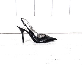 Guess black leather high heel pointy studded buckle sling back stiletto pumps 7M