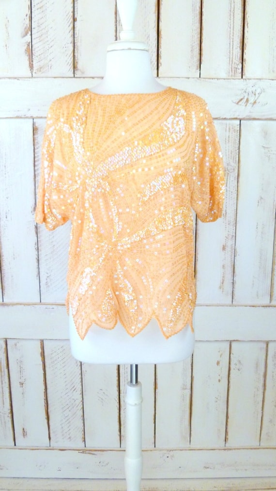 Vintage peach beaded sequins flutter sleeve top