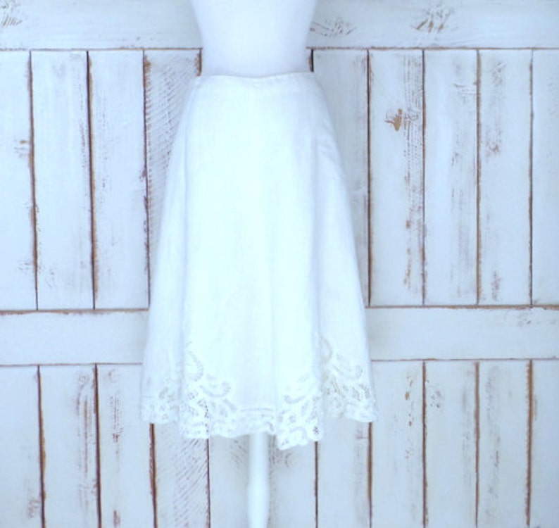 Vintage light ivory/off white crochet lace linen midi skirt/small/medium/2 image 1