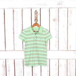 90s green striped cotton polo shirt/striped collared top/short sleeve pullover/juniors large
