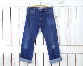 Levis 517 dark blue denim jeans/high waisted boot cut blue jeans/distressed Levi Strauss jeans