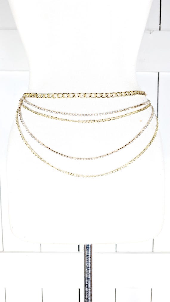 Gold Metal Rhinestone Chain Layered Hanging Belt - Etsy display picture 2