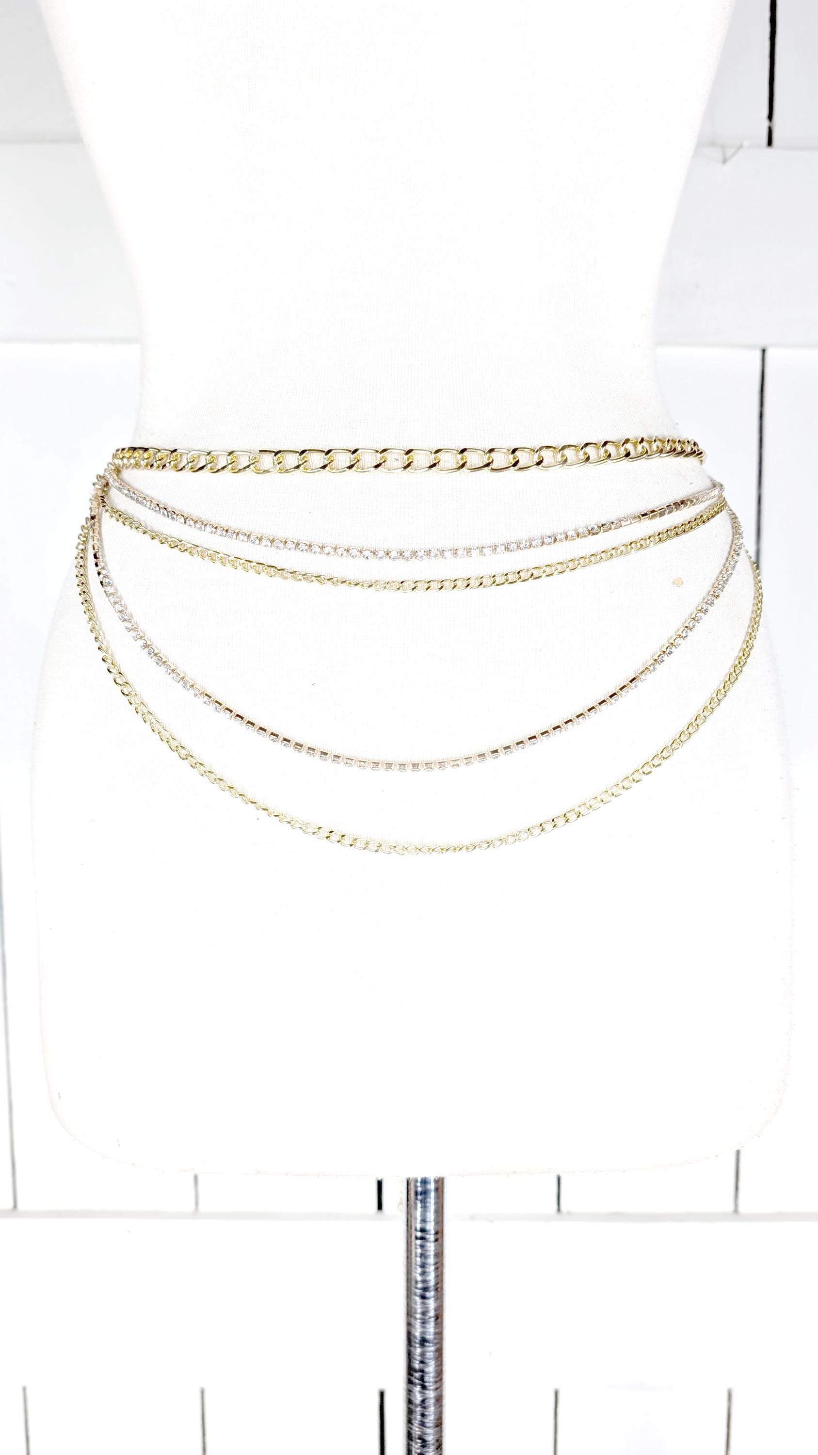 Gold metal rhinestone chain layered hanging belt
