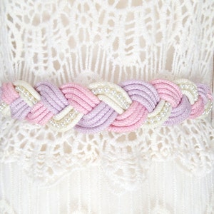 70s vintage white/pink/lavender braided pearl beaded rope belt/beaded woven chord statement belt image 2