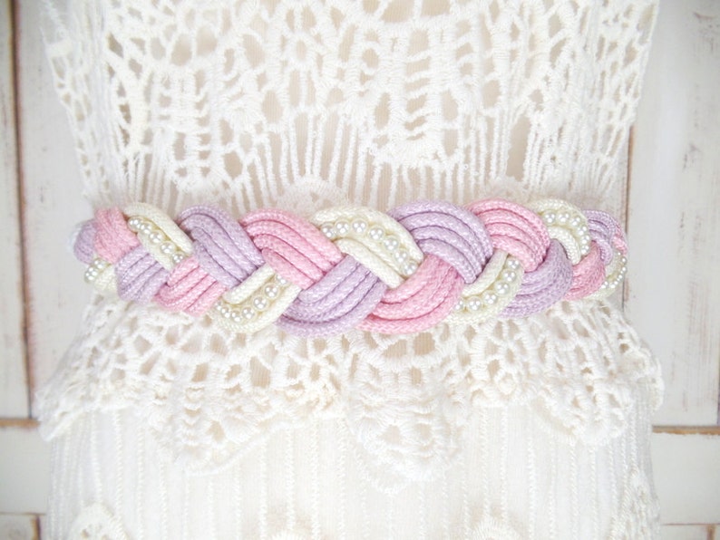 70s vintage white/pink/lavender braided pearl beaded rope belt/beaded woven chord statement belt image 2