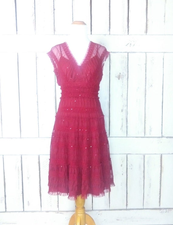 90s vintage red sheer lace mesh sequin baby doll m