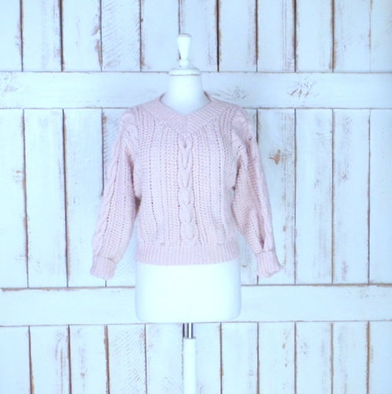Light pink chunky cotton cable knit pullover cropp