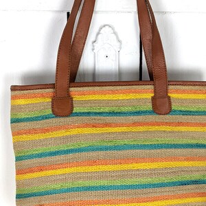 Striped straw vintage market bag leather strap purse tote bag image 4