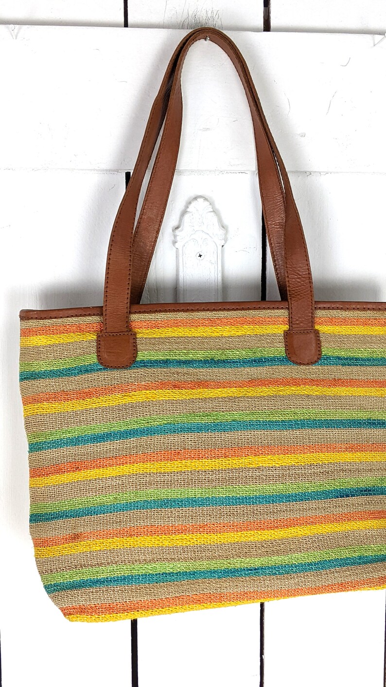 Striped straw vintage market bag leather strap purse tote bag image 4