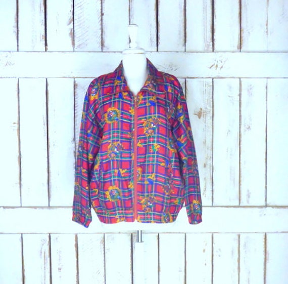 Vintage red/blue checker plaid crest medallion pr… - image 1