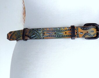 90s vintage hand painted tribal art leather belt 90s Vintage Hand Painted Tribal Art Leather Belt - Etsy main image 4