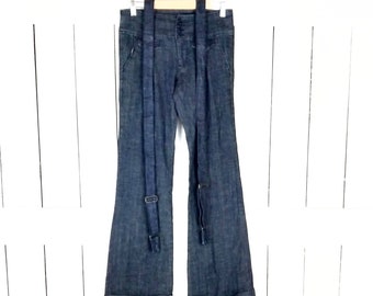 90s vintage dark blue cuffed flare/boot cut suspenders denim jeans/cuffed wide leg jeans