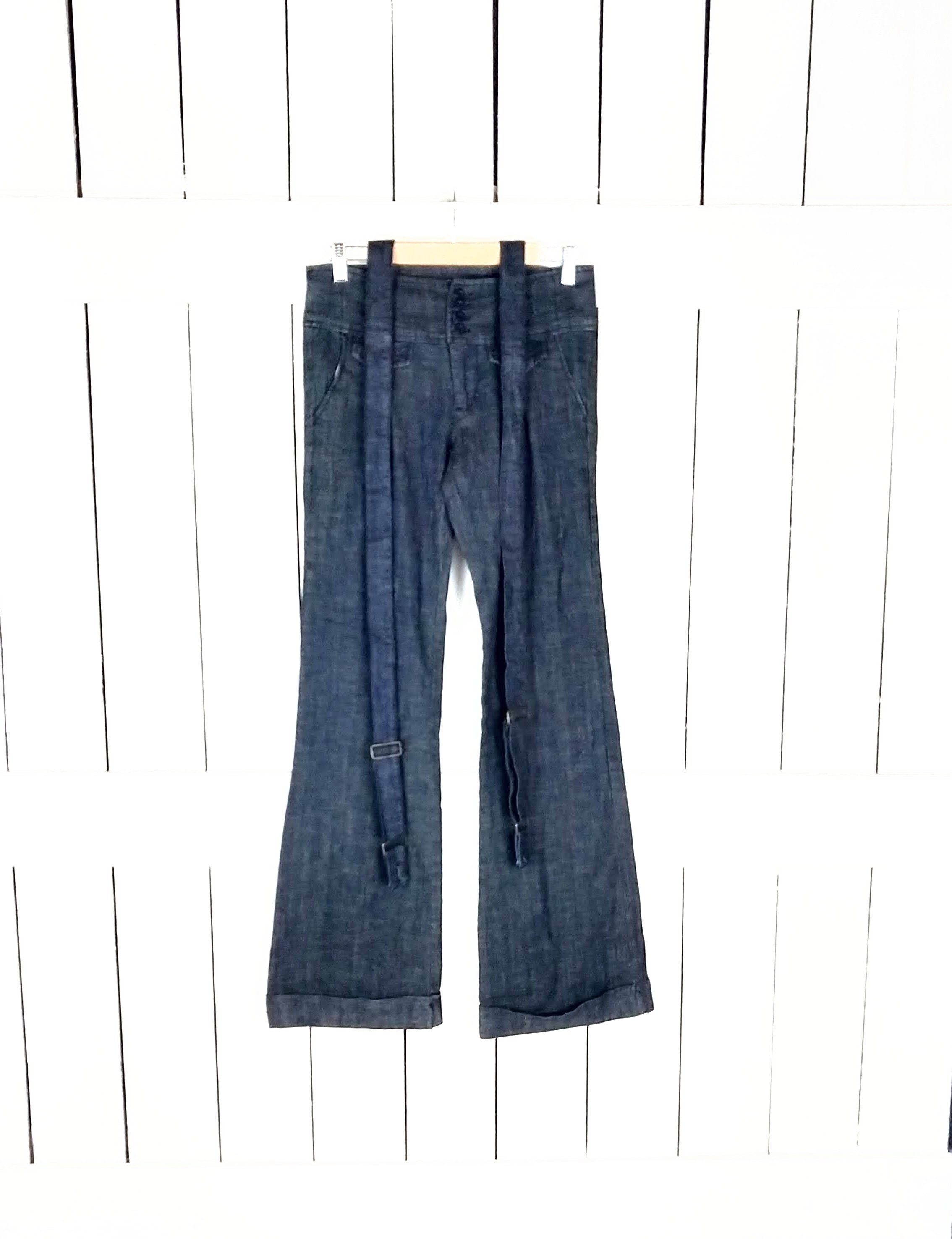 【EEUN】Blue Patch Bootcut Denim 90s Vintage Dark Blue Cuffed Flare/boot Cut Suspenders Denim