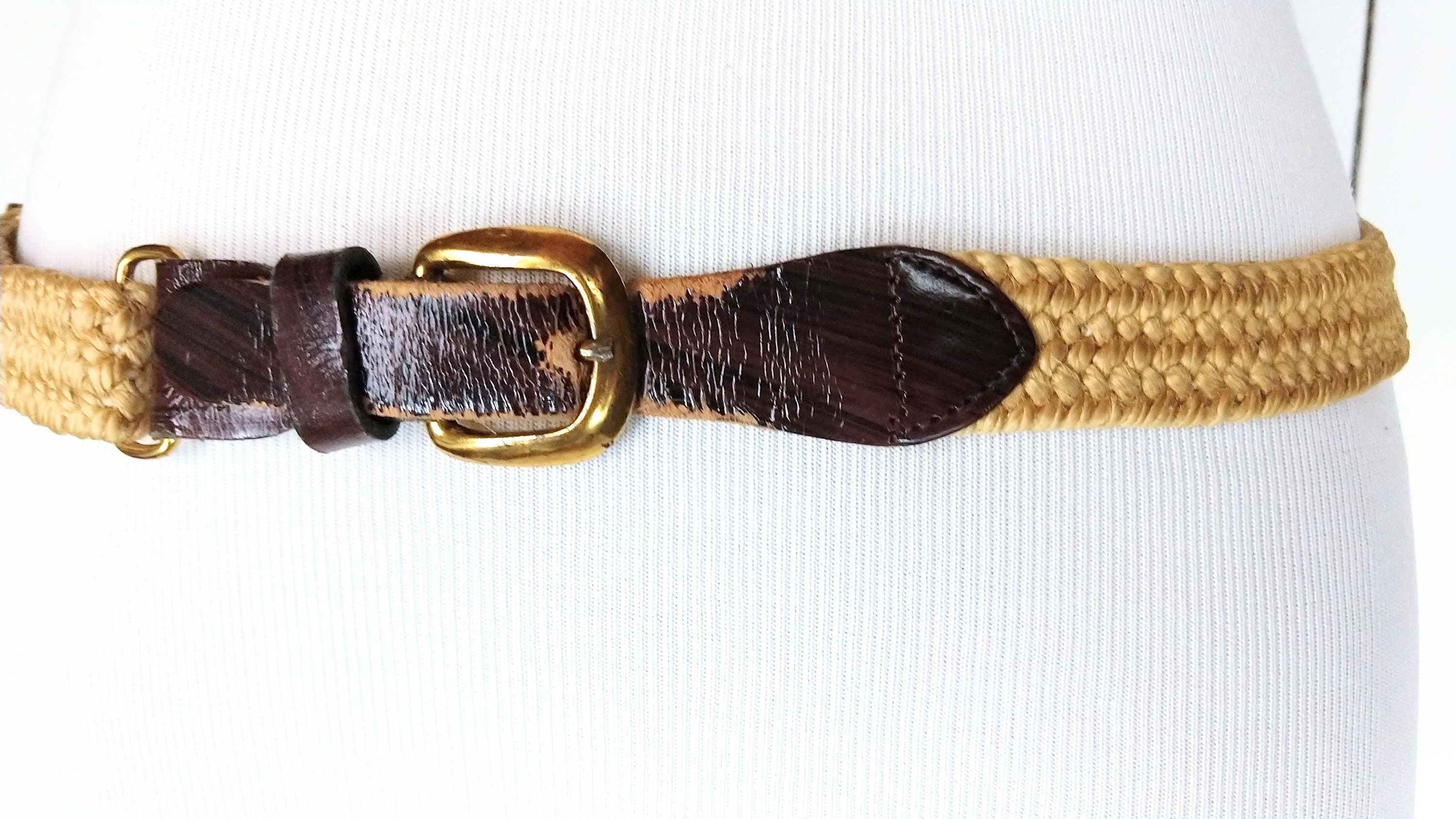 Vintage tan/light brown elastic stretch chord skinny belt/woven jute twine chord Vintage Tan/light Brown Elastic Stretch Chord Leather Belt  main image 2