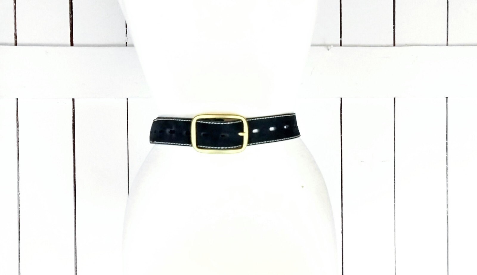 Black Suede Leather White Stitch Belt Medium - Etsy display picture 1