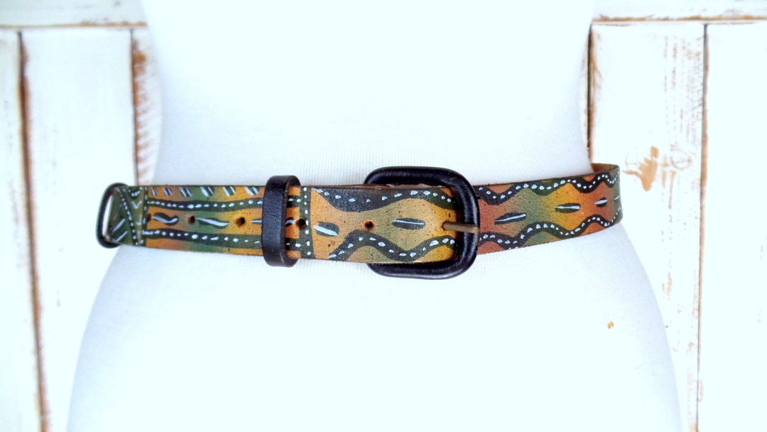90s Vintage Hand Painted Tribal Art Leather Belt - Etsy