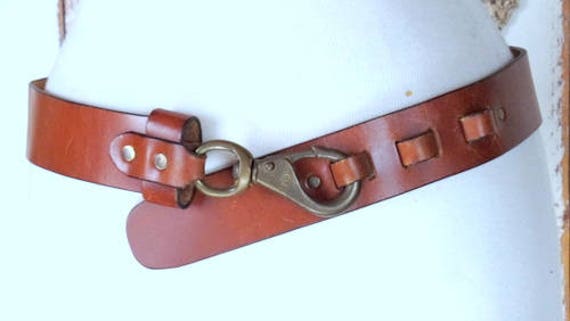 Vintage wide thick brown leather brass hook buckl… - image 3