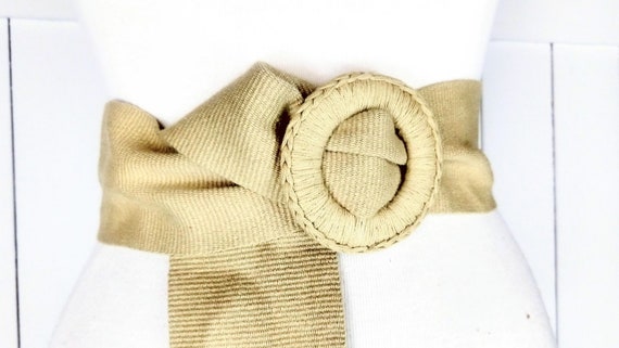 Vintage wide tan/beige woven cotton fabric cinch … - image 3