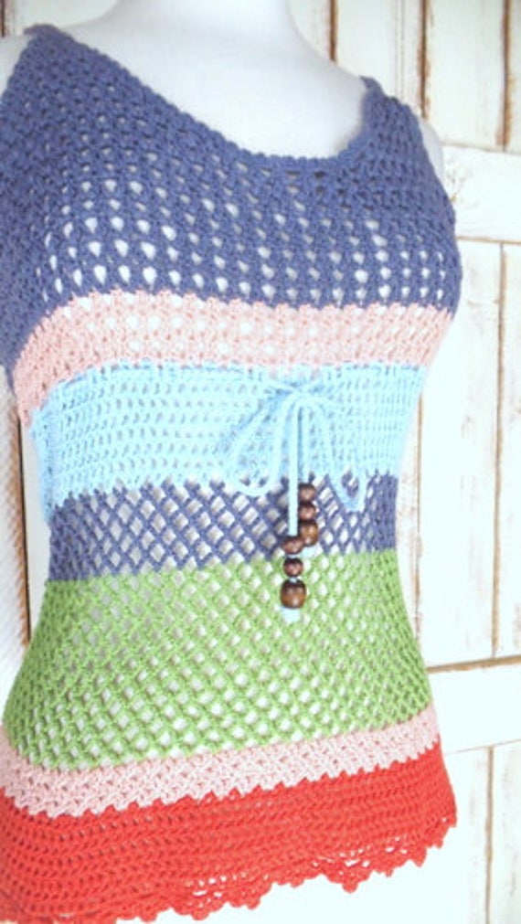 90s vintage blue/green striped crochet knit cotto… - image 3