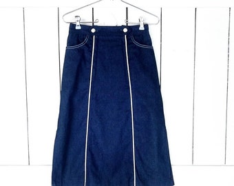 Vintage dark blue wash white piping jean denim pencil skirt/Stage West by Prior denim skirt/xsmall