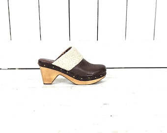 Brown leather Lucky Brand slip on mule clog faux sheepskin sandals