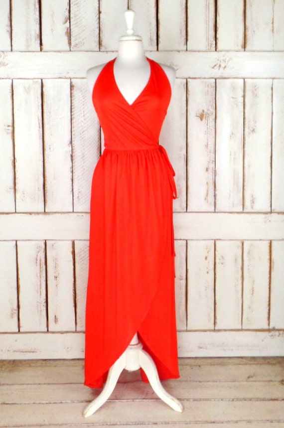 70s vintage Kappi red orange halter wrap maxi dres