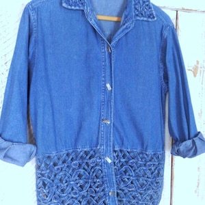 Vintage blue cotton denim button down cut out shirt