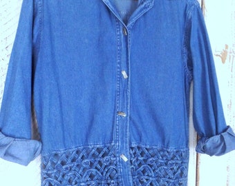Vintage blue cotton denim button down cut out shirt