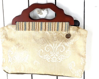 Lulu ivory tapestry damask floral wood handle hand bag purse