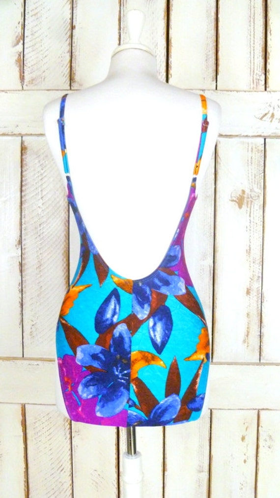 Vintage Vibrant Blue/orange/purple Tropical Floral One Piece