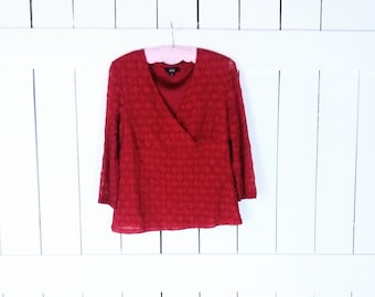 Vintage 90s red stretch lace vneck fitted top blouse/red sheer lace pullover blouse/AGB/large