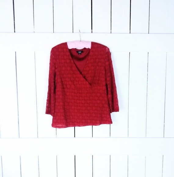 Vintage 90s red stretch lace vneck fitted top blou