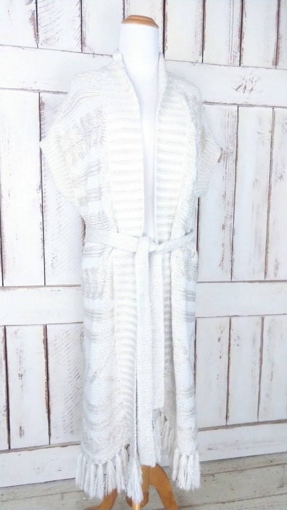 Chicos ivory long duster short sleeve tassel cardi