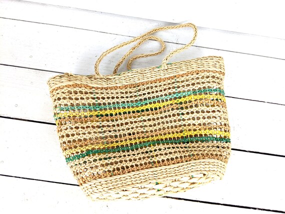 Striped woven straw rattan market bag straw shoul… - image 5