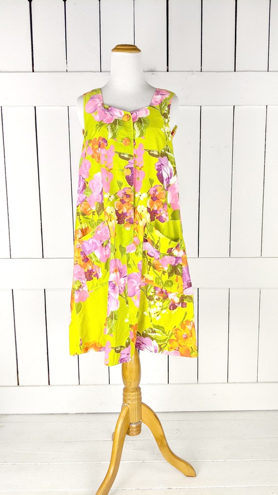 Vintage neon green pink floral sleeveless button … - image 5