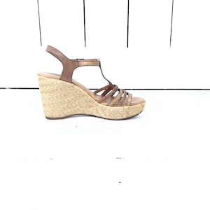 Vintage open toe strappy leather platform wedge espadrille rope sandals