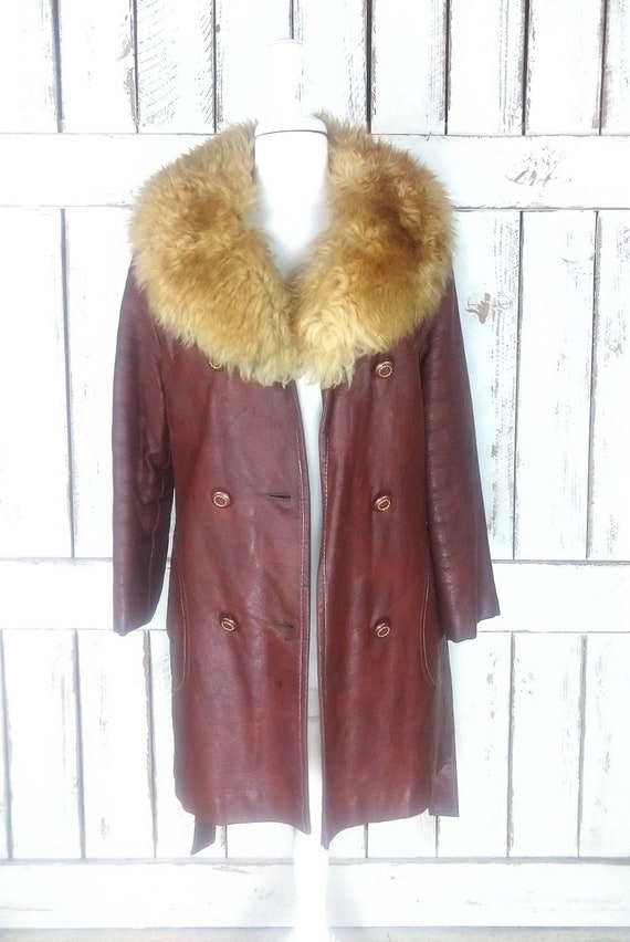 70s vintage brown faux leather belted sheepskin f… - image 2