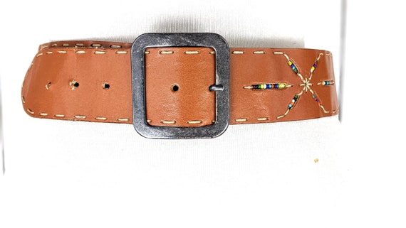 Vintage the Limited Wide Brown Leather Boho Beaded Belt 