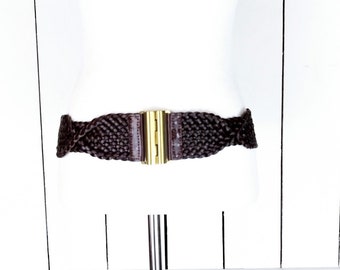 90s brown wide stretch faux leather braided belt/cinching buckle belt/elastic stretch belt