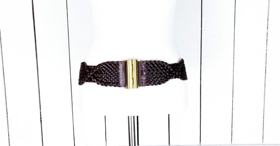 90s brown wide stretch faux leather braided belt/… - image 1