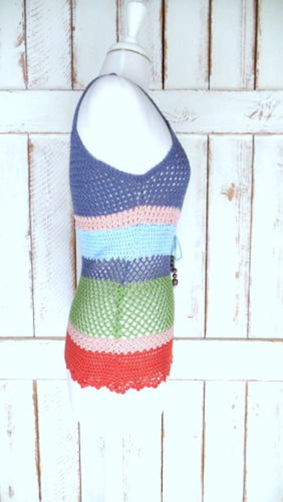 90s vintage blue/green striped crochet knit cotto… - image 4