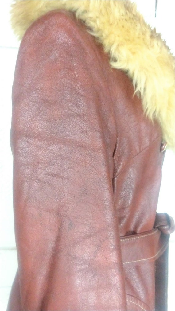 70s vintage brown faux leather belted sheepskin f… - image 5