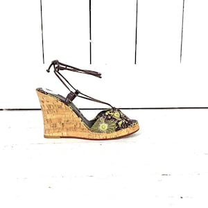 Banana Republic green floral peep toe high heel wedge strappy sandals