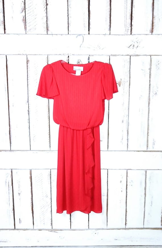 Vintage red striped sheer flutter sleeve midi dres