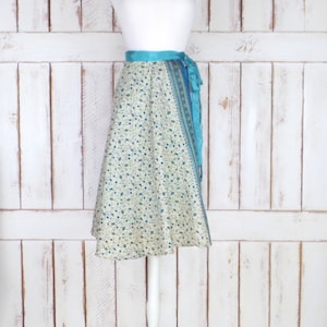 Vintage blue/ivory Indian floral print reversible wrap skirt